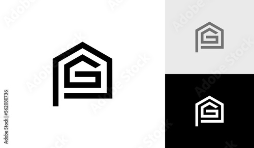 Letter PG or GP with house shape logo design vector
