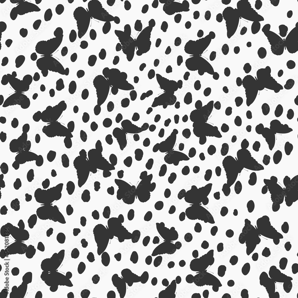 Obraz premium Seamless pattern with funny colorful Butterflies, flowers. Color flat vector illustration for invitation, poster, card, textile, fabric. Butterfly graphic design print. Trendy animal motif wallpaper