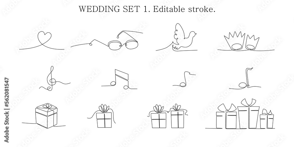 Decoration continuous line hand drawing elements set for wedding photo book, invitations. Vector stock illustration minimalism design isolated on white background. Editable stroke single line. 