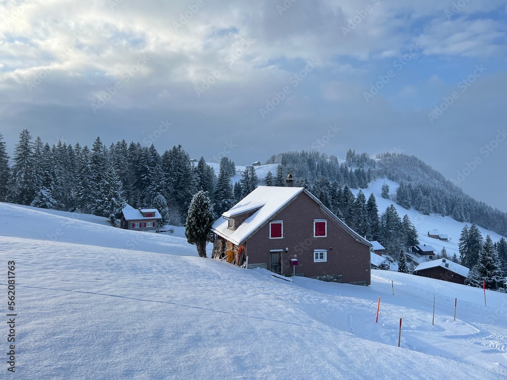 Old traditional swiss rural architecture and alpine livestock farms in the winter ambience over the Lake Walen or Lake Walenstadt (Walensee) and in the Swiss Alps, Amden - Switzerland / Schweiz