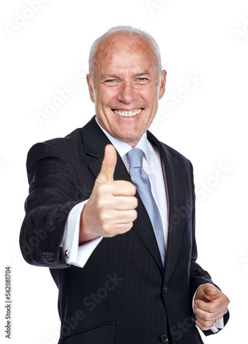 Businessman, ceo and success portrait with thumbs up for career victory with excited smile for achievement. Happy, winner and senior corporate worker with yes gesture on isolated white background