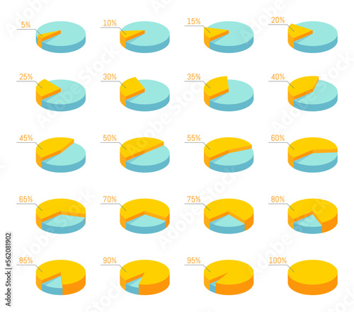 Pie chart vector 3D circle diagram infographic set. From 5% to 100%.