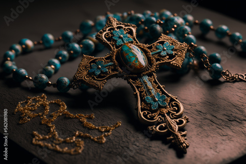 An illustration of a holy rosary up close. Generative AI
