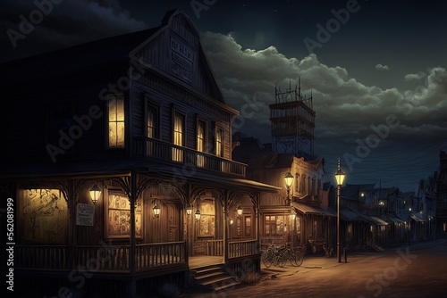 A Western town at night, with its historic structures illuminated Generative AI photo