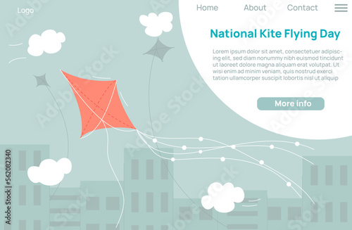 National Kite Flying Day web site landing page. Kites fly over the city.