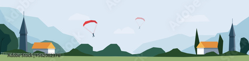 Panoramic rural landscape  vector illustration of horizontal banners of autumn landscape mountains and houses and paraglider. Simple geometric design.