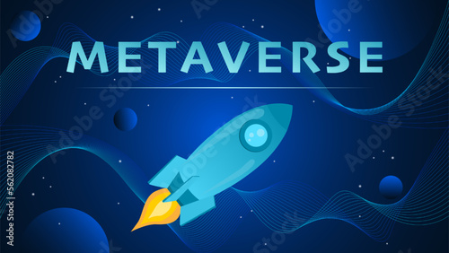 Banner design of the rise of Metaverse. Spaceship or rocket on cyberspace background.