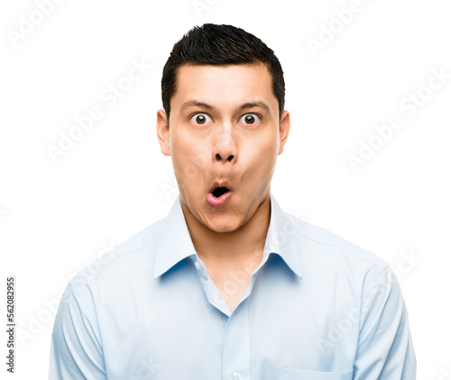 A young businessman making a silly face isolated on a PNG background.