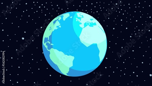 Earth cartoon animation. Doodle crazy pulsing globe. Looks like a fantastic ball. Fully hand drawn, dynamic, optionally isolated, with colour outlines, on dark blue background with pulsing stars.  photo