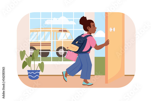 Children go to school bus concept with people scene in flat design. Teenager girl with backpack opens door and going to class by public transport. Vector illustration with character situation for web
