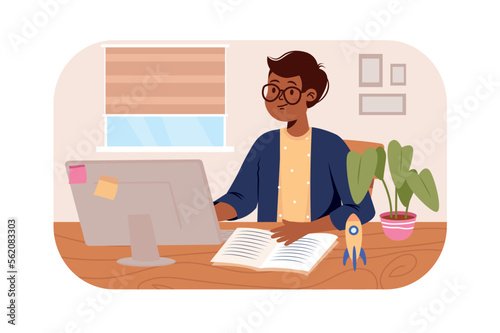 Children doing homework concept with people scene in flat design. Cute teenager boy writing in exercise book and learning at computer at home. Vector illustration with character situation for web