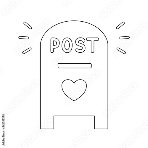 Post box with heart symbol or love mail post box, flat vector outline for kids coloring book