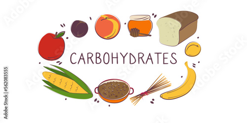 Carbohydrates-containing food. Groups of healthy products containing vitamins and minerals. Set of fruits, vegetables, meats, fish and dairy