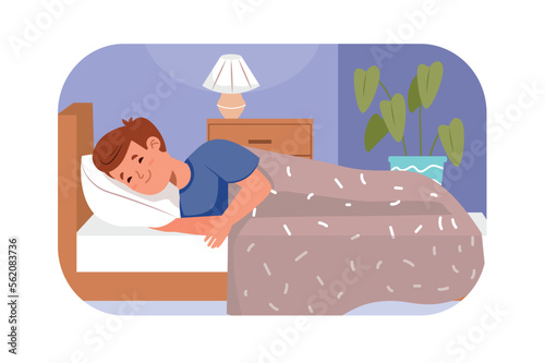 Good night children concept with people scene in flat design. Cute teenager boy lies in cozy bed under warm blanket and falls asleep in bedroom. Vector illustration with character situation for web