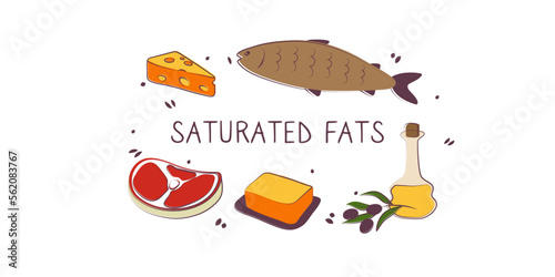 Saturated fatty acids-containing food. Groups of healthy products containing vitamins and minerals. Set of fruits, vegetables, meats, fish and dairy.