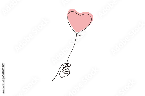 Valentines day theme Line art design with hand holding heart balloon isolated on white background,