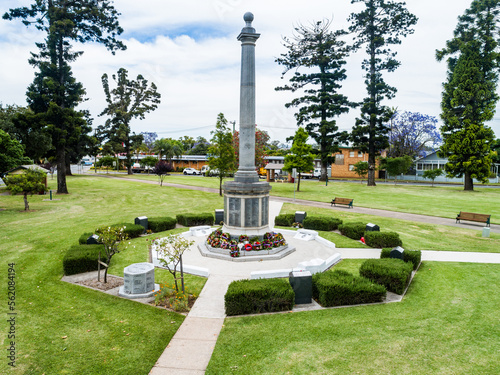 Burdekin Park cenotaph with remembrance day wreaths laid around it seen from aerial view