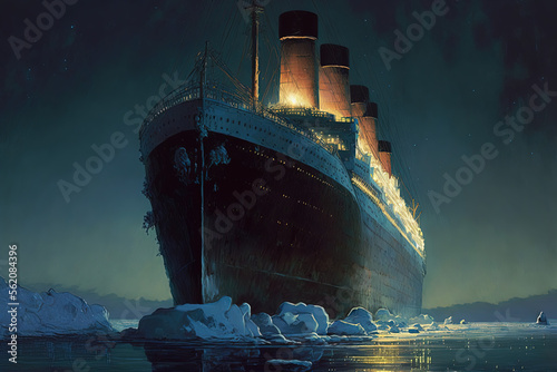 Side view of Titanic ship in the night. Generative AI. photo