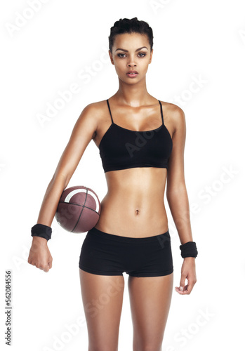 Sports portrait, fitness and woman with football for exercise, competition game or performance challenge. Health wellness, studio workout and training football player isolated on white background