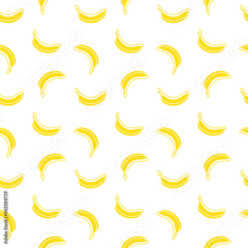 A seamless repeat pattern of yellow colored outline of bananas in white background