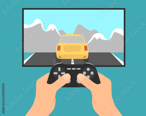 Flat design illustration of male hands, tv set and game controller. Player playing car racing video game, vector