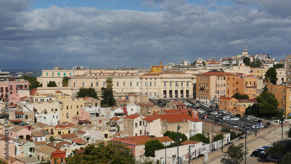 Wide angle overview of the city of Cagliari, Sardinia, in evening sunshine
