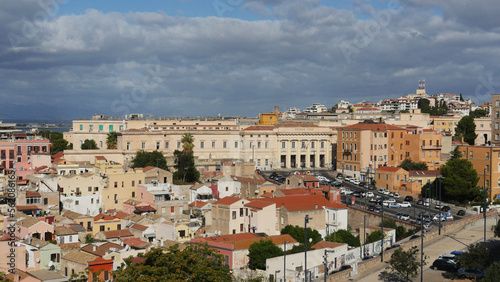 Wide angle overview of the city of Cagliari, Sardinia, in evening sunshine