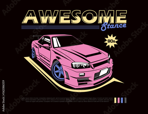 90s super car design illustration vector graphic in pink color