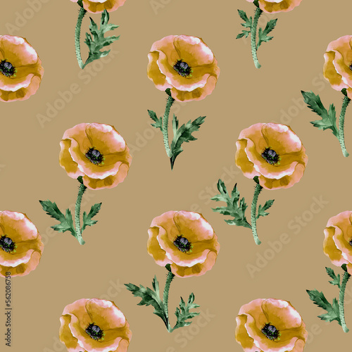 Summer seamless pattern with poppy flowers. Surface design for interior decoration, textile printing, printed publications, invitation cards