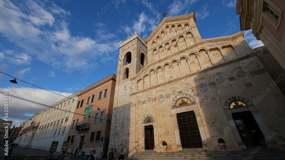 Looking up at Cagliari Cathedral,extreme wide angle, evening sunshine