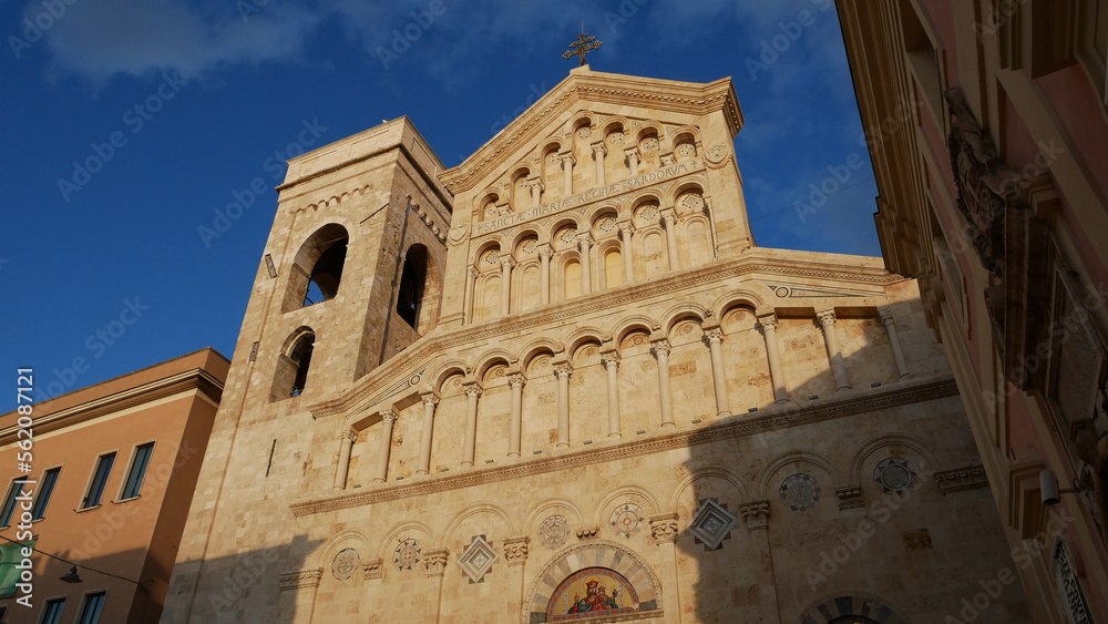 Looking up at Cagliari Cathedral,wide angle, evening sunshine