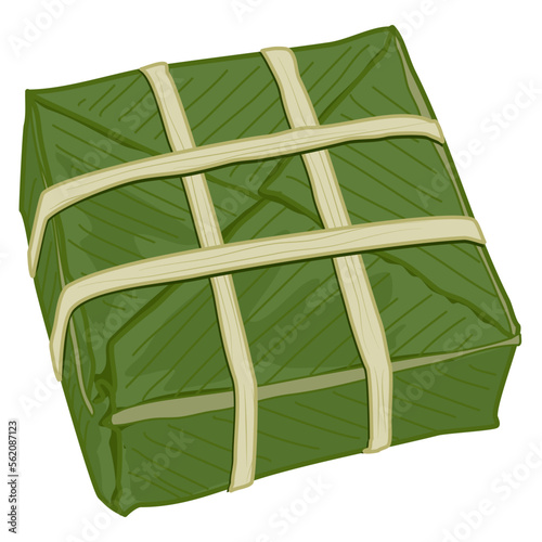 Banh Trung, a traditional Vietnamese food made by sticky rice, pork, mung bean, paper and other ingredients. local food, asian food, New year recipe. Authentic Vietnamese food vector on white.    