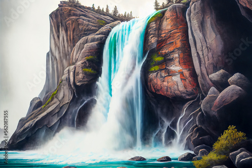 A majestic waterfall, with water cascading down rocks and mist rising into the air, ai illustration