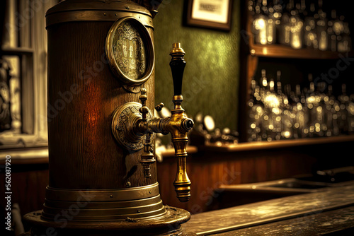 Fotografija Beer tower crane on counter in old bar