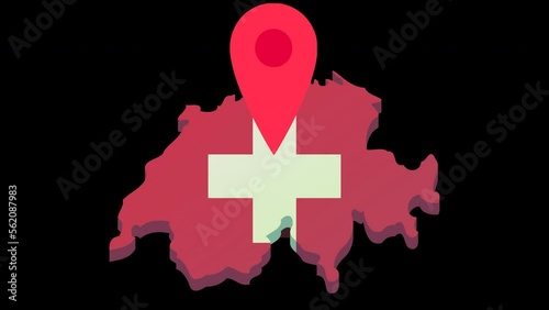 Looping animation with red location marker jumping over 3D map of switzerland in colors of helvetian flag in flat design style with alpha channel for transparency