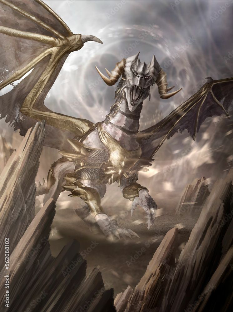 A fabulous, mythical creature with large wings, spikes and claws among ...