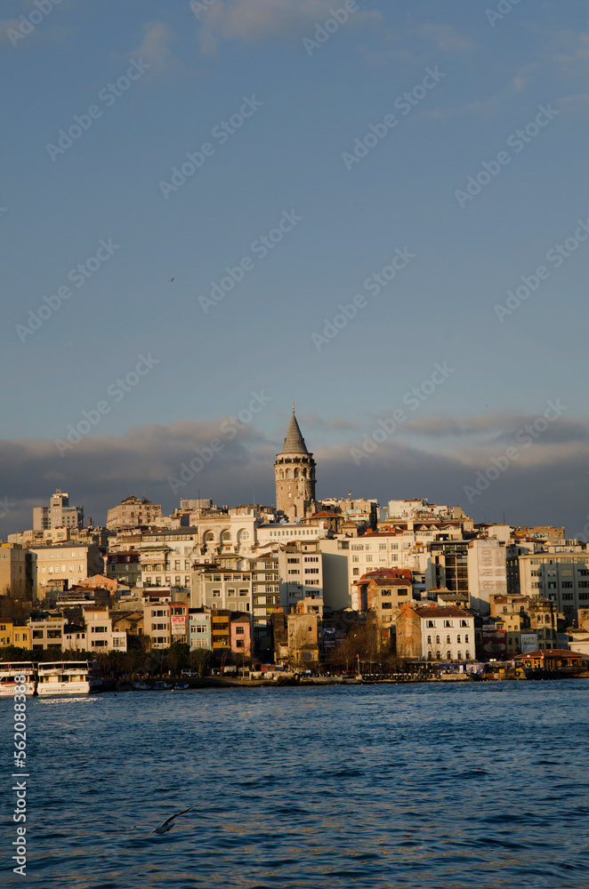 Turkish cityscape view of the Galata Tower  on the European side of Istanbul, Turkey..