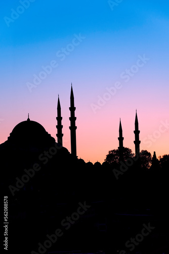 Domes and minarets in silhouette of a Turkish Mosque at sunset on the Istanbul skyline, Turkey.