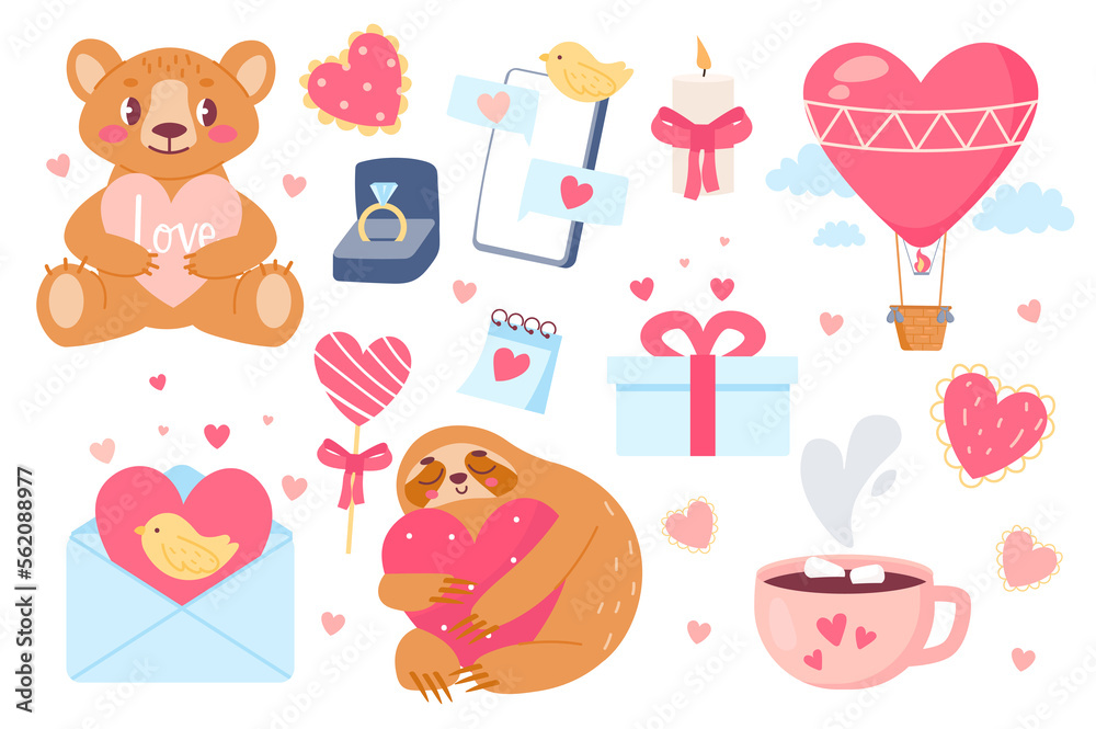 Valentines day party isolated elements set in flat design. Bundle of teddy bear holds heart, proposal ring, gift, flirting messages, candle, air balloon, love letter and other. Valentines day party isolated elements set in flat design. Bundle of teddy bear holds heart, proposal ring, gift, flirting messages, candle, air balloon, love letter and other.