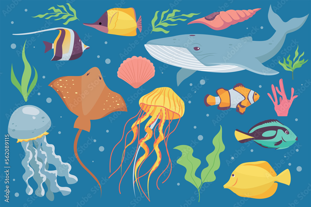 Naklejka premium Underwater life isolated elements set in flat design. Bundle of different tropical and other fishes, whale, crab shell, algae, stingray, jellyfish, seaweed and undersea seashell.