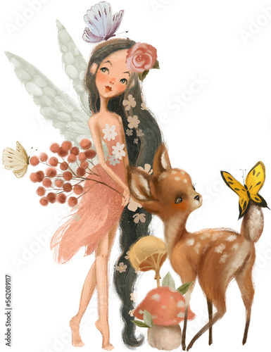 Cute and beautiful hand painted watercolor fairy, mystic and whimsical, enchanted forest creature. Childrens book fairytale, tale illustration, clipart