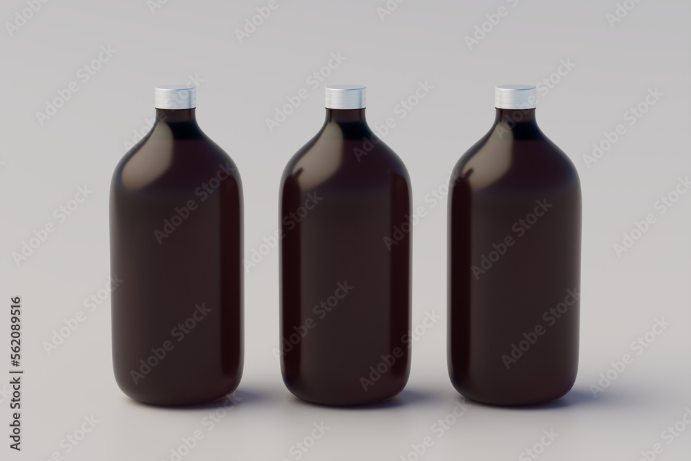 Minimalistic concept. Cold Brew Coffee Amber. Brown Large Glass Bottle Packaging Mockup. Multiple Bottles. Blank Label. 3D Rendering Minimalistic concept. Cold Brew Coffee Amber. Brown Large Glass Bottle Packaging Mockup. Multiple Bottles. Blank Label. 3D Rendering