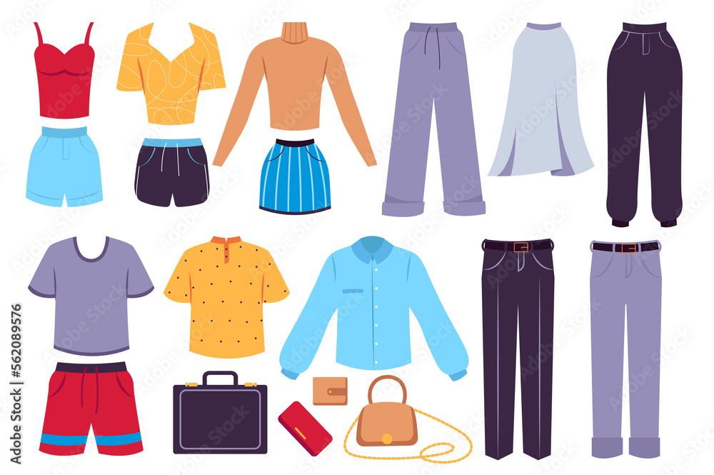 Clothes elements isolated set in flat design. Bundle of t-shirt, top, shorts, blouse, pants, skirt, trousers, shirts, bags and purse. Stylish garment for woman and man wardrobe. Clothes elements isolated set in flat design. Bundle of t-shirt, top, shorts, blouse, pants, skirt, trousers, shirts, bags and purse. Stylish garment for woman and man wardrobe.