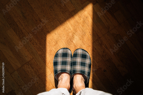 Top view of male feet wearing home slippers and standing on hardwood flooring in living room