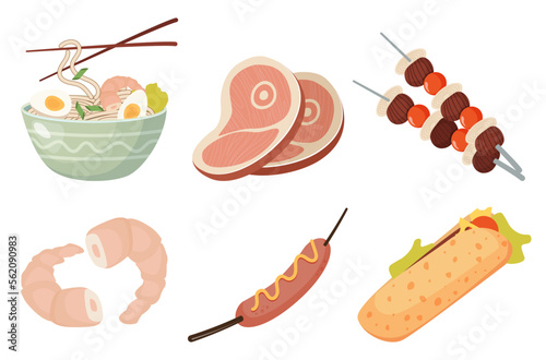 food set shrimp shawarma sausage kebabs bowl of noodles and meat