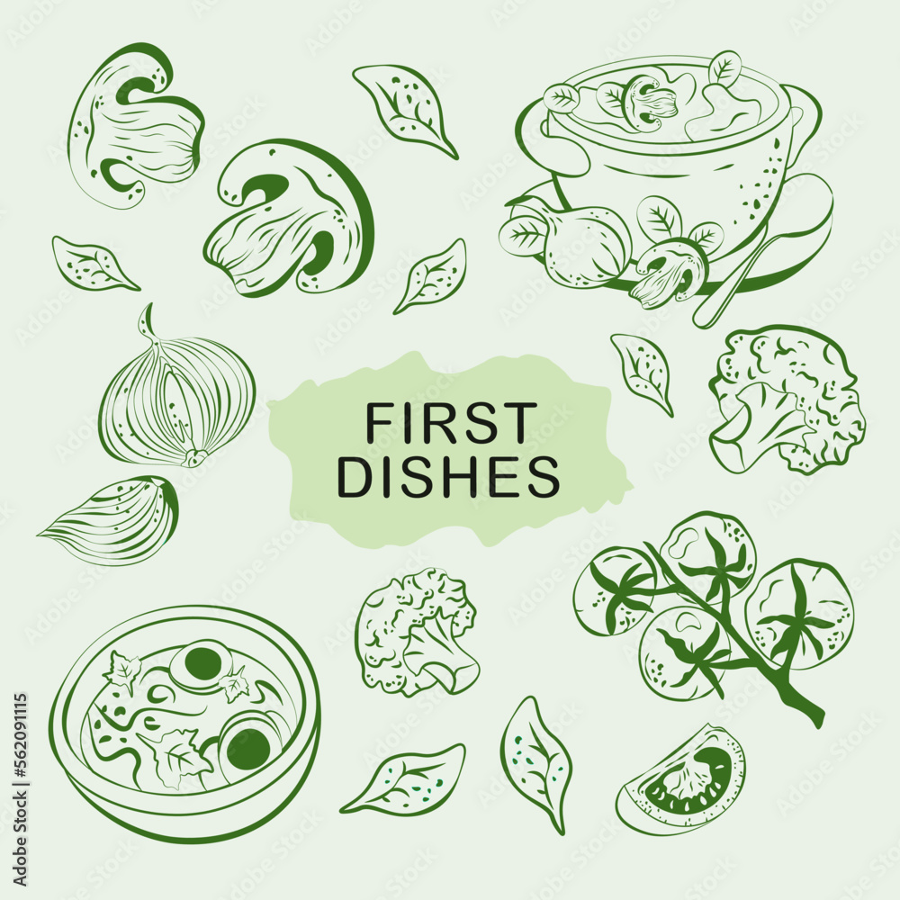 first courses vector hand drawing illustration soup cherry tomatoes mushrooms