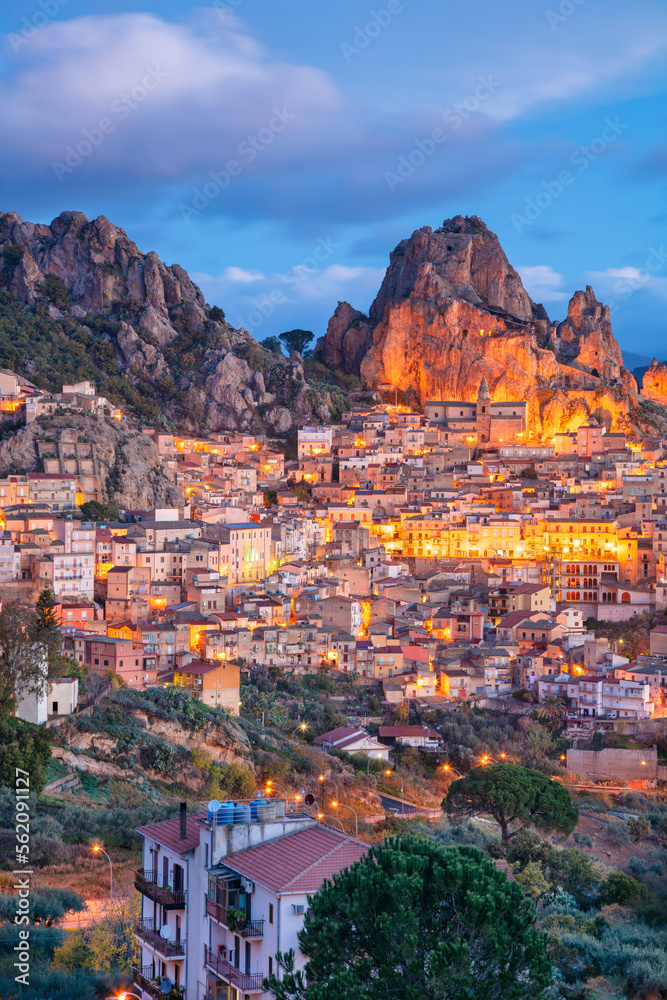 Gagliano Castelferrato, Sicily, Italy. Aerial cityscape image if historic town Gagliano Castelferrato in Sicily at dramatic sunrise.