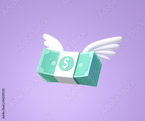 3D Flying stack of money on purple background. on the wings. Concept investment, wealth. inflation, flying away savings, money devaluation. money spending, cashless society concept. 3D Rendering