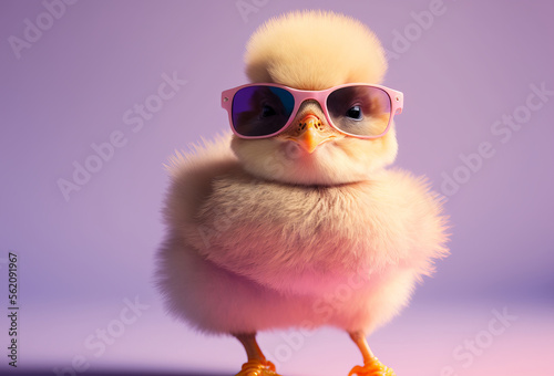 Canvas Print Cute spring baby chick wearing cool sunglasses. Generative ai
