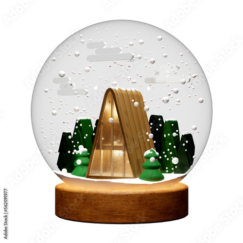 Winter house in a snow globe on transparent background 3d render